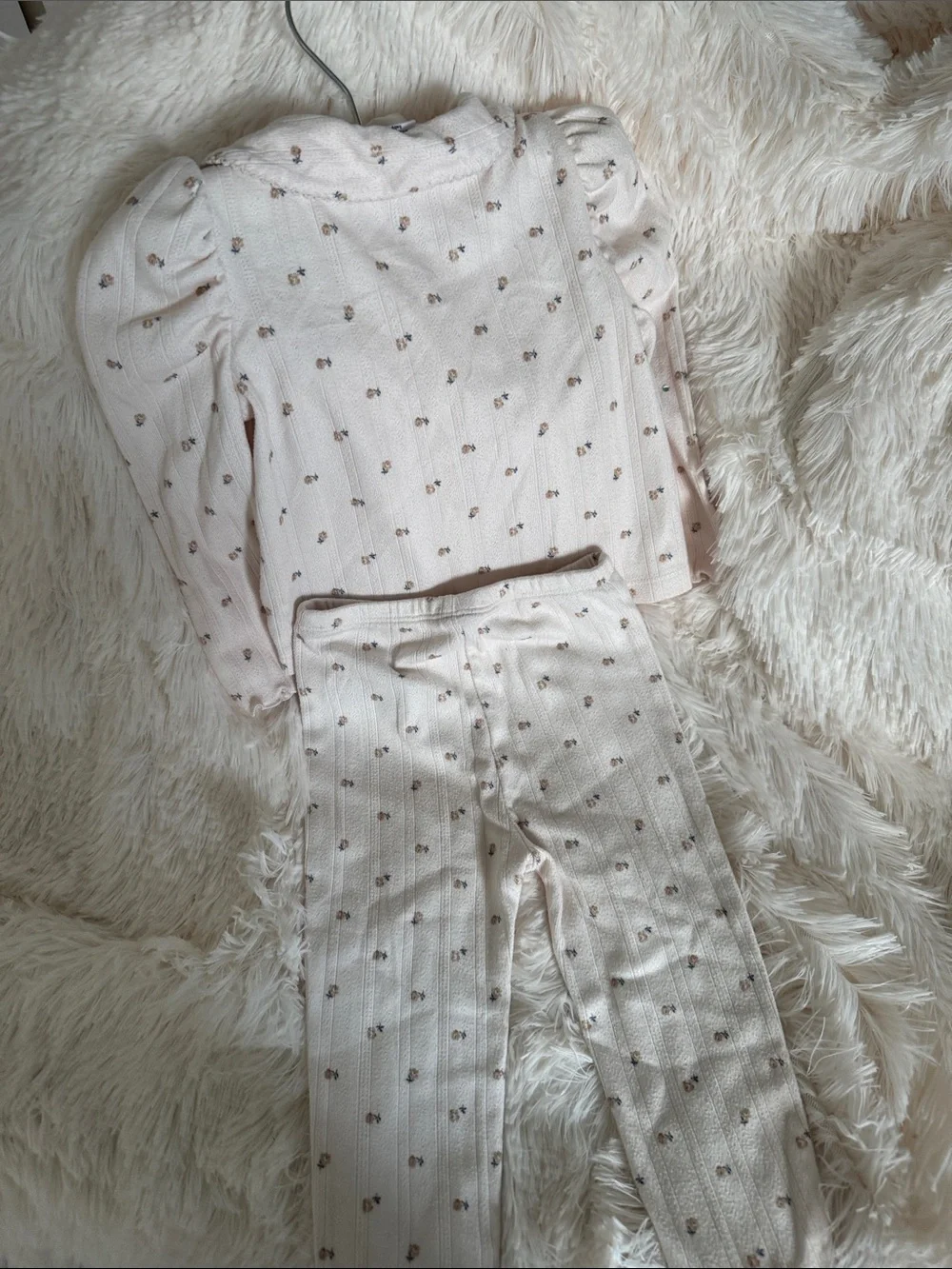 GAP Cream Floral Rib-Knit Pajama Set with Puff Sleeves